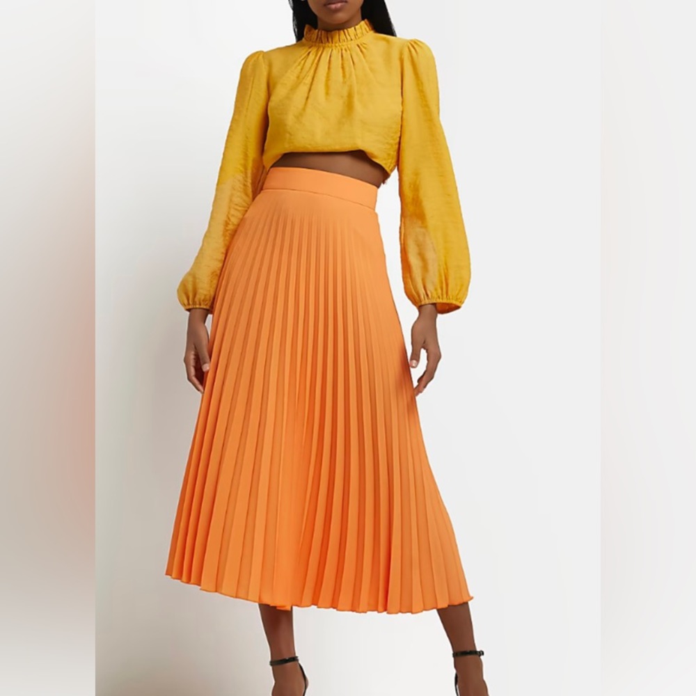 River Island ORANGE PLEATED MIDI SKIRT